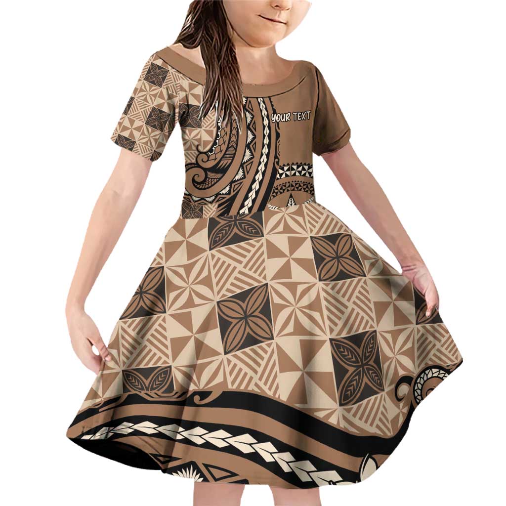 Personalized Tonga Ngatu Family Matching Off Shoulder Short Dress and Hawaiian Shirt Vintage Brown Manulua Motifs LT7 Daughter's Dress Brown - Polynesian Pride