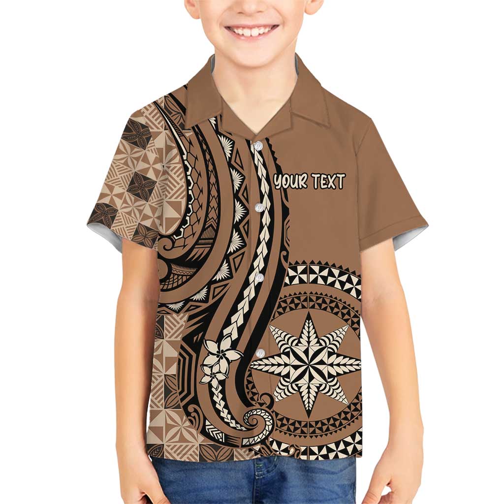 Personalized Tonga Ngatu Family Matching Off Shoulder Short Dress and Hawaiian Shirt Vintage Brown Manulua Motifs LT7 Son's Shirt Brown - Polynesian Pride