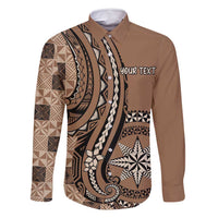 Personalized Tonga Ngatu Family Matching Summer Maxi Dress and Hawaiian Shirt Vintage Brown Manulua Motifs LT7 Dad's Shirt - Long Sleeve Brown - Polynesian Pride