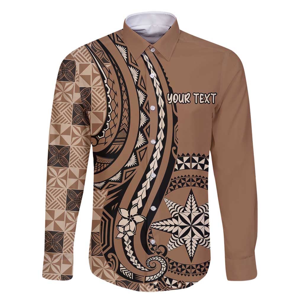 Personalized Tonga Ngatu Family Matching Tank Maxi Dress and Hawaiian Shirt Vintage Brown Manulua Motifs LT7 Dad's Shirt - Long Sleeve Brown - Polynesian Pride