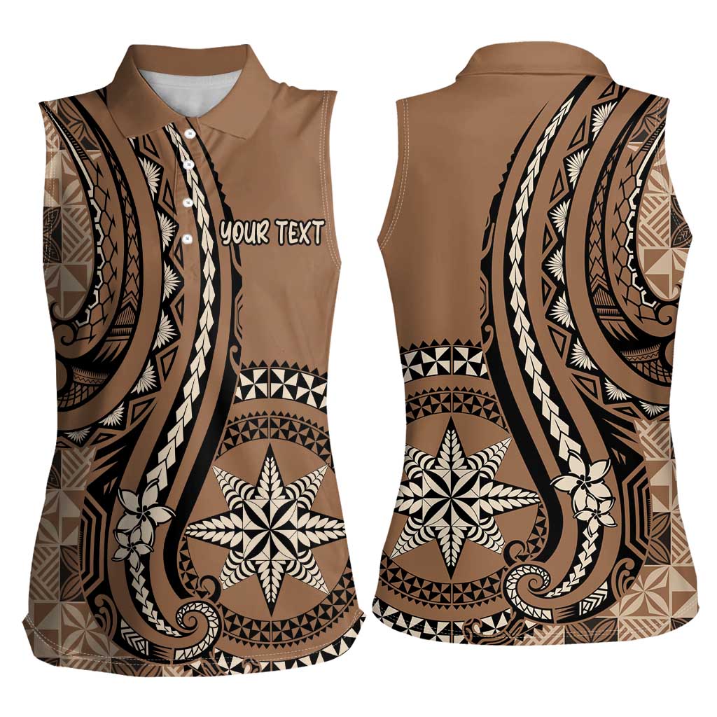Personalized Tonga Ngatu Women Sleeveless Polo Shirt Vintage Brown Manulua Motifs