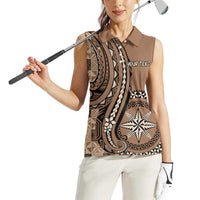 Personalized Tonga Ngatu Women Sleeveless Polo Shirt Vintage Brown Manulua Motifs