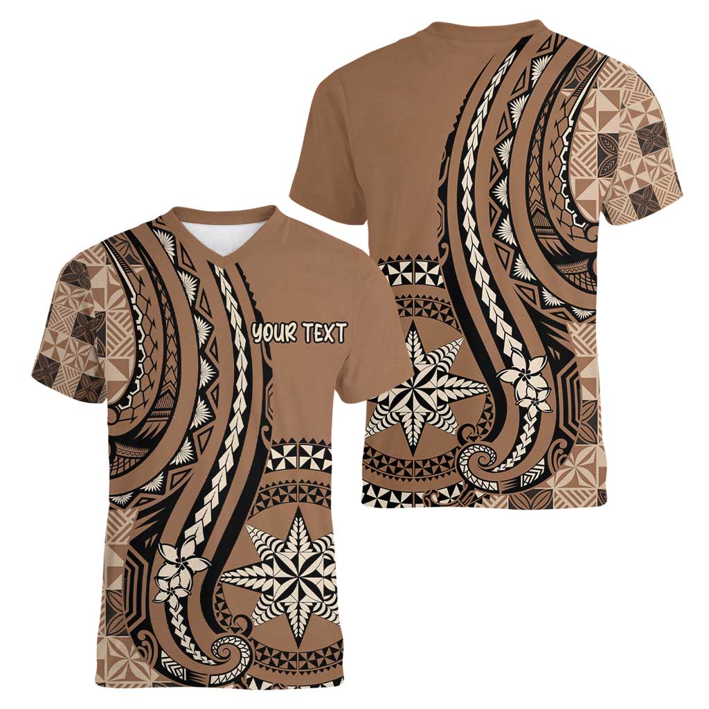 Personalized Tonga Ngatu Women V-Neck T-Shirt Vintage Brown Manulua Motifs