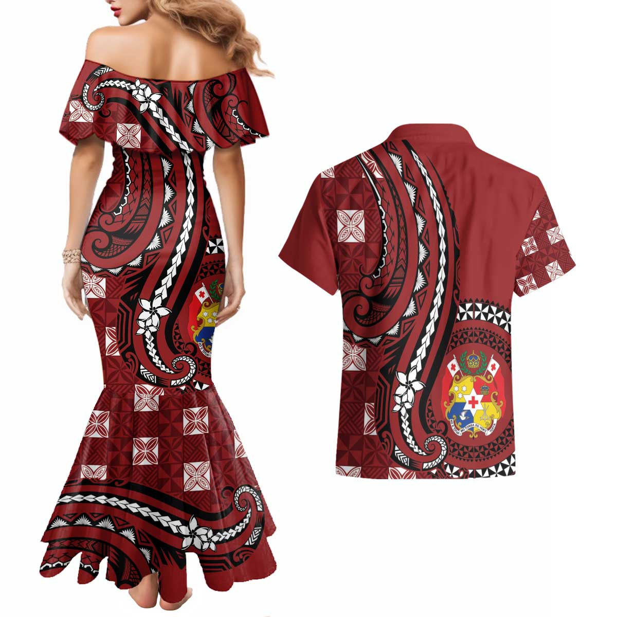 Personalized Tonga Ngatu Couples Matching Mermaid Dress and Hawaiian Shirt Iconic Red Manulua Motifs