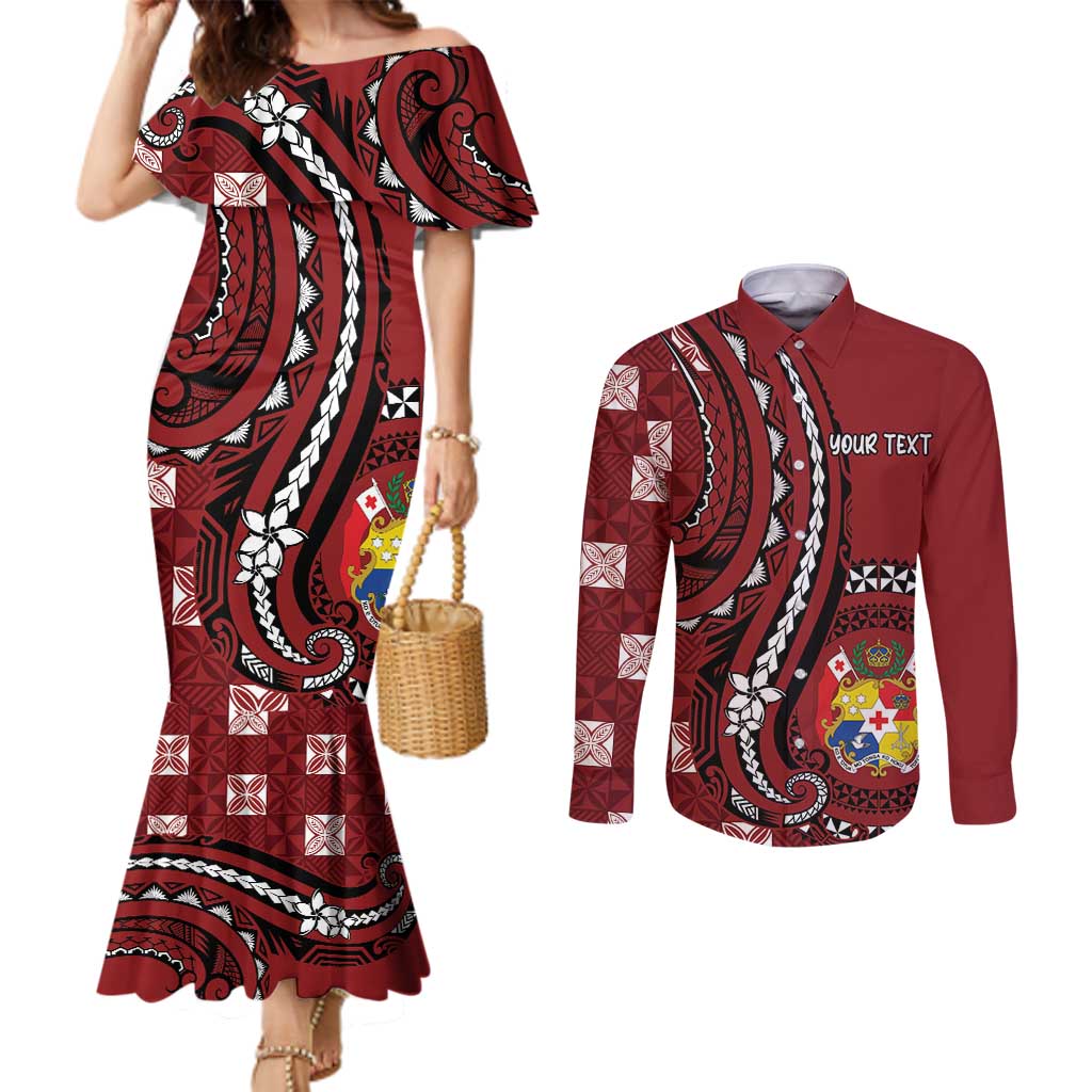 Personalized Tonga Ngatu Couples Matching Mermaid Dress and Long Sleeve Button Shirt Iconic Red Manulua Motifs