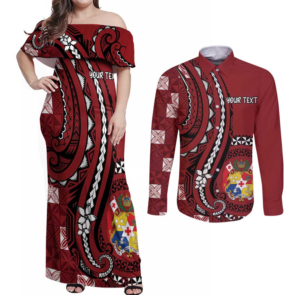 Personalized Tonga Ngatu Couples Matching Off Shoulder Maxi Dress and Long Sleeve Button Shirt Iconic Red Manulua Motifs