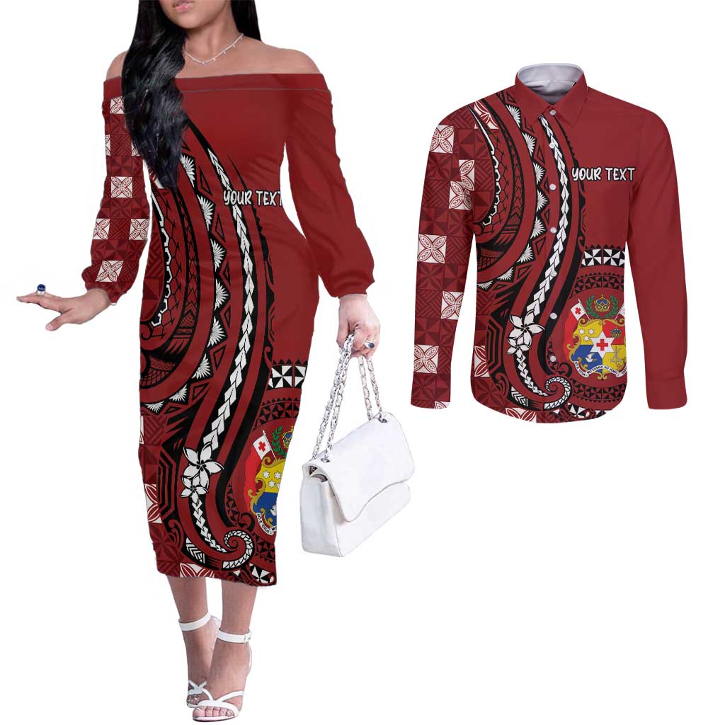 Personalized Tonga Ngatu Couples Matching Off The Shoulder Long Sleeve Dress and Long Sleeve Button Shirt Iconic Red Manulua Motifs