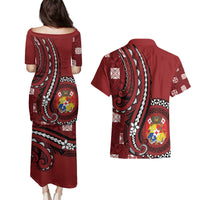 Personalized Tonga Ngatu Couples Matching Puletasi and Hawaiian Shirt Iconic Red Manulua Motifs