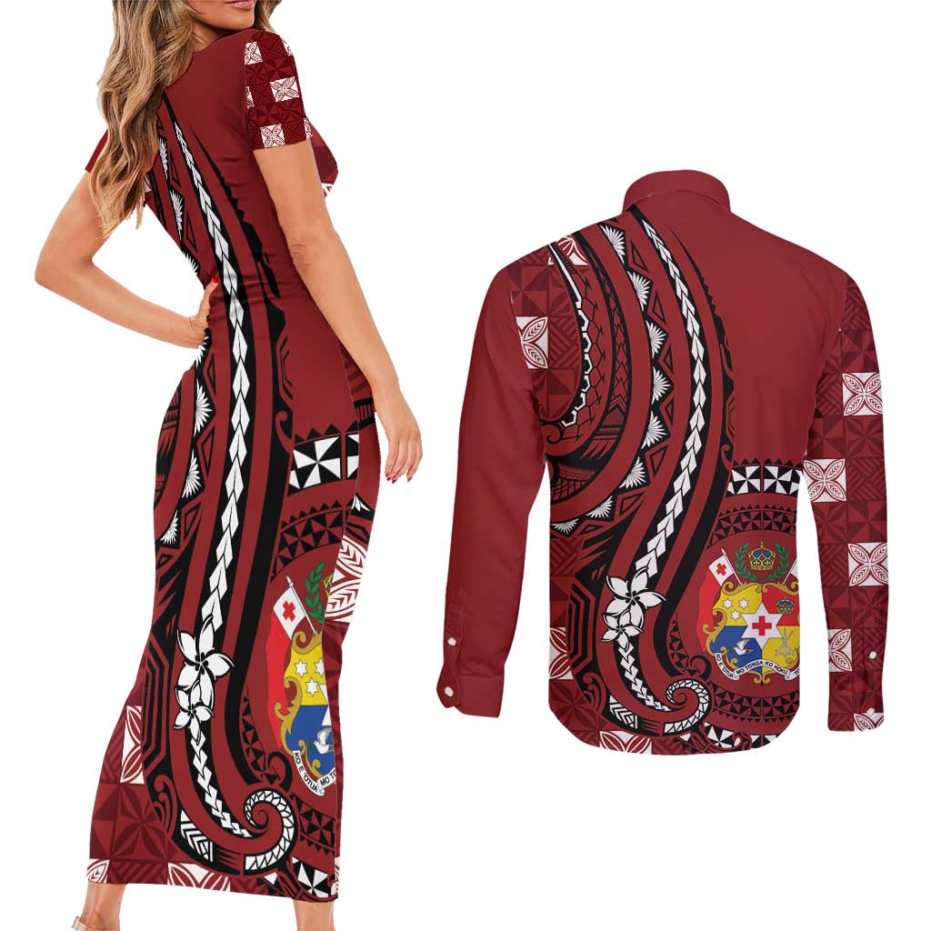 Personalized Tonga Ngatu Couples Matching Short Sleeve Bodycon Dress and Long Sleeve Button Shirt Iconic Red Manulua Motifs