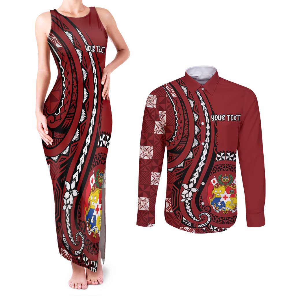 Personalized Tonga Ngatu Couples Matching Tank Maxi Dress and Long Sleeve Button Shirt Iconic Red Manulua Motifs