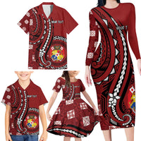 Personalized Tonga Ngatu Family Matching Long Sleeve Bodycon Dress and Hawaiian Shirt Iconic Red Manulua Motifs LT7 - Polynesian Pride