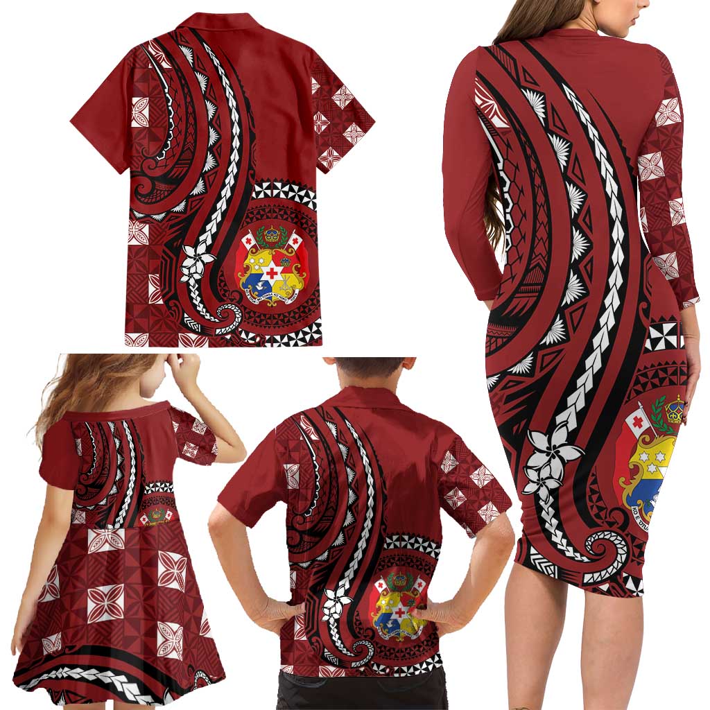 Personalized Tonga Ngatu Family Matching Long Sleeve Bodycon Dress and Hawaiian Shirt Iconic Red Manulua Motifs LT7 - Polynesian Pride