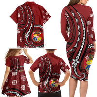 Personalized Tonga Ngatu Family Matching Long Sleeve Bodycon Dress and Hawaiian Shirt Iconic Red Manulua Motifs LT7 - Polynesian Pride
