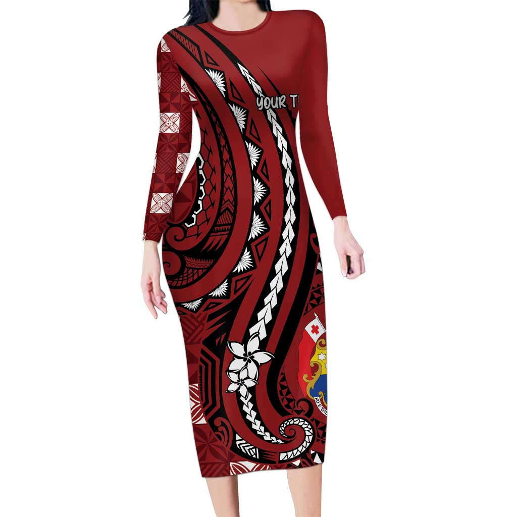 Personalized Tonga Ngatu Family Matching Long Sleeve Bodycon Dress and Hawaiian Shirt Iconic Red Manulua Motifs LT7 Mom's Dress Red - Polynesian Pride