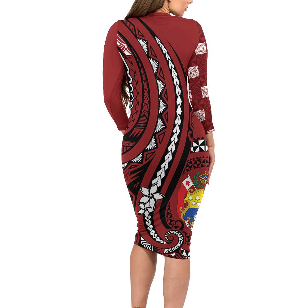 Personalized Tonga Ngatu Family Matching Long Sleeve Bodycon Dress and Hawaiian Shirt Iconic Red Manulua Motifs LT7 - Polynesian Pride