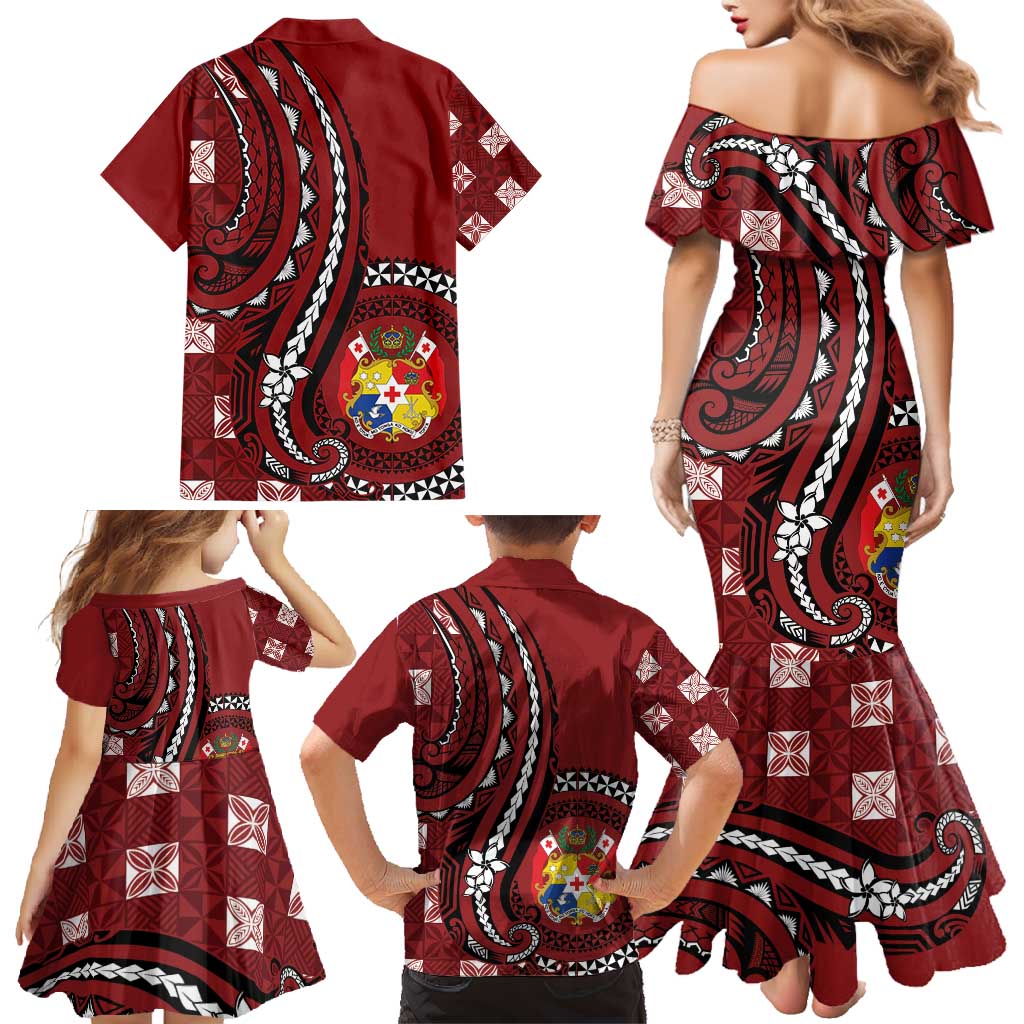 Personalized Tonga Ngatu Family Matching Mermaid Dress and Hawaiian Shirt Iconic Red Manulua Motifs LT7 - Polynesian Pride