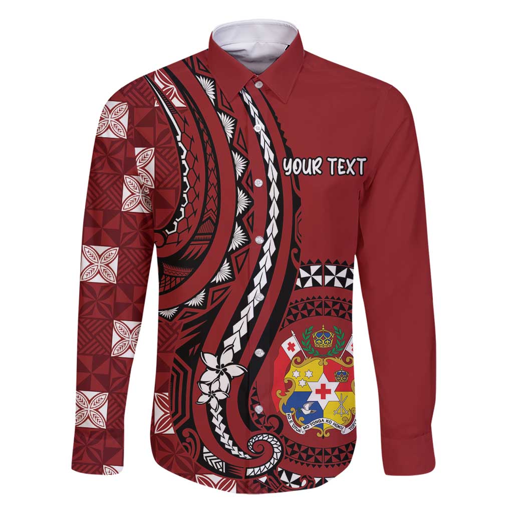 Personalized Tonga Ngatu Family Matching Mermaid Dress and Hawaiian Shirt Iconic Red Manulua Motifs LT7 Dad's Shirt - Long Sleeve Red - Polynesian Pride