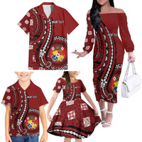 Personalized Tonga Ngatu Family Matching Off The Shoulder Long Sleeve Dress and Hawaiian Shirt Iconic Red Manulua Motifs