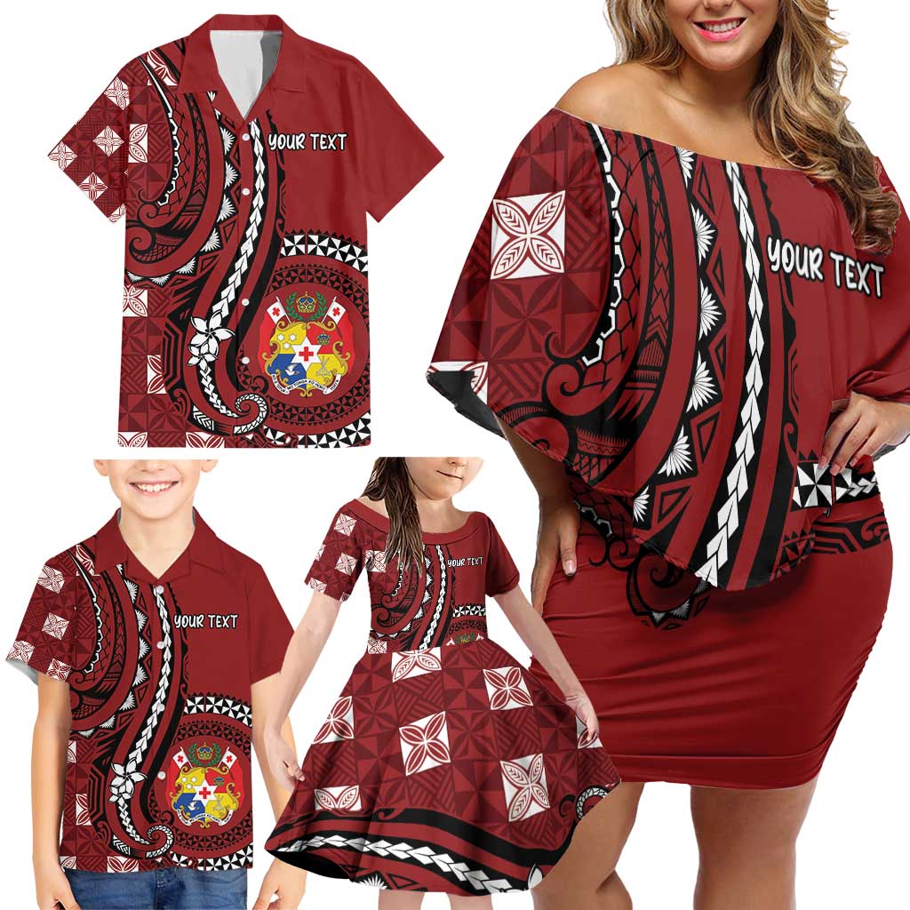 Personalized Tonga Ngatu Family Matching Off Shoulder Short Dress and Hawaiian Shirt Iconic Red Manulua Motifs