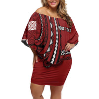 Personalized Tonga Ngatu Family Matching Off Shoulder Short Dress and Hawaiian Shirt Iconic Red Manulua Motifs