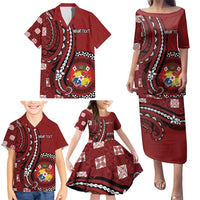 Personalized Tonga Ngatu Family Matching Puletasi and Hawaiian Shirt Iconic Red Manulua Motifs
