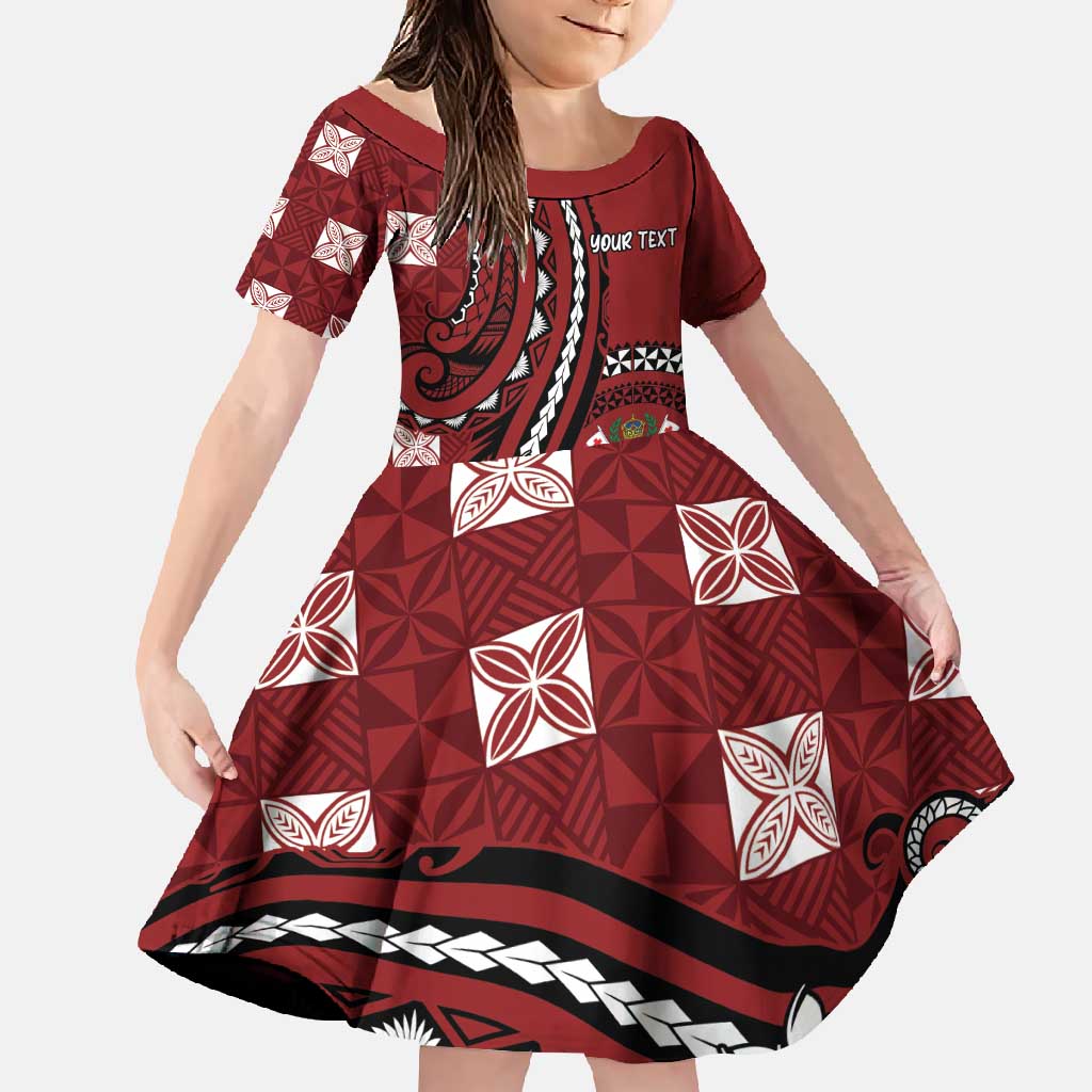 Personalized Tonga Ngatu Family Matching Short Sleeve Bodycon Dress and Hawaiian Shirt Iconic Red Manulua Motifs LT7 Daughter's Dress Red - Polynesian Pride
