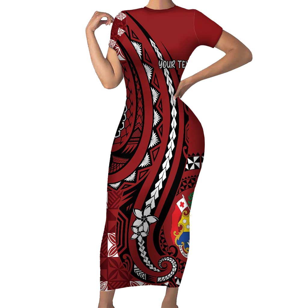 Personalized Tonga Ngatu Family Matching Short Sleeve Bodycon Dress and Hawaiian Shirt Iconic Red Manulua Motifs LT7 Mom's Dress Red - Polynesian Pride
