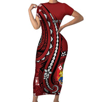 Personalized Tonga Ngatu Family Matching Short Sleeve Bodycon Dress and Hawaiian Shirt Iconic Red Manulua Motifs LT7 Mom's Dress Red - Polynesian Pride