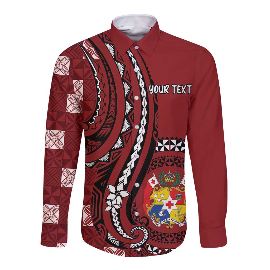 Personalized Tonga Ngatu Long Sleeve Button Shirt Iconic Red Manulua Motifs