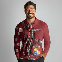 Personalized Tonga Ngatu Long Sleeve Polo Shirt Iconic Red Manulua Motifs