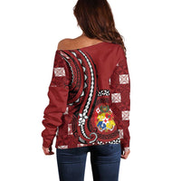 Personalized Tonga Ngatu Off Shoulder Sweater Iconic Red Manulua Motifs