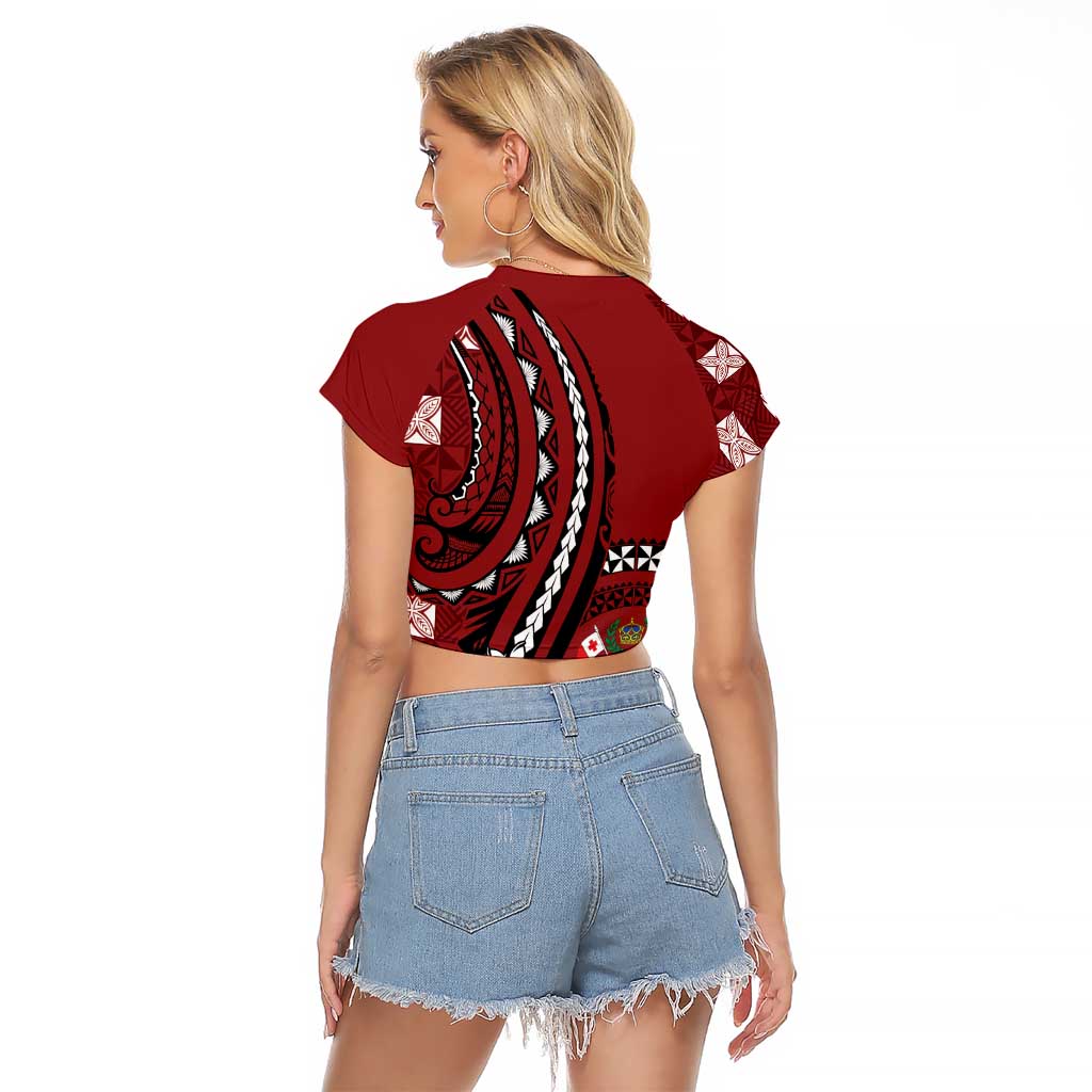 Personalized Tonga Ngatu Raglan Cropped T Shirt Iconic Red Manulua Motifs