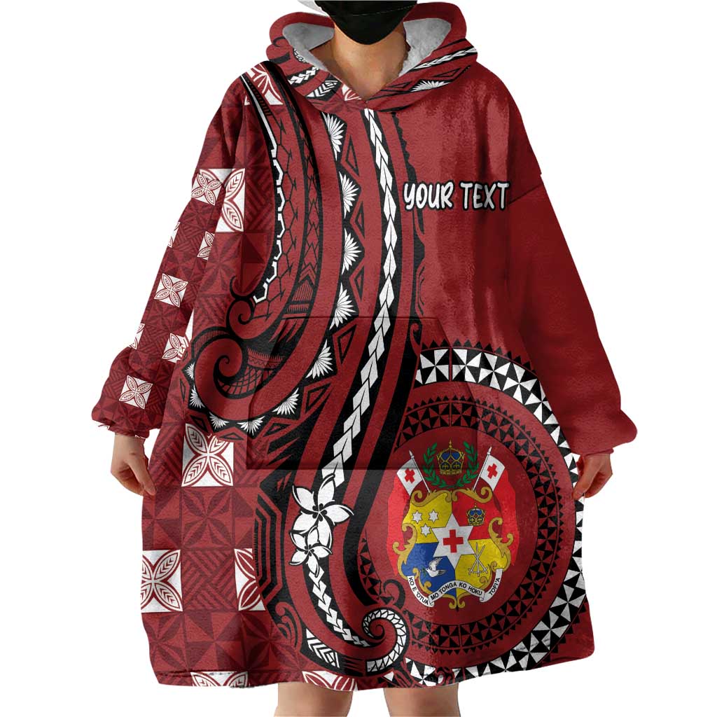 Personalized Tonga Ngatu Wearable Blanket Hoodie Iconic Red Manulua Motifs LT7 - Polynesian Pride