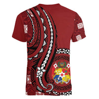 Personalized Tonga Ngatu Women V-Neck T-Shirt Iconic Red Manulua Motifs