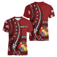 Personalized Tonga Ngatu Women V-Neck T-Shirt Iconic Red Manulua Motifs
