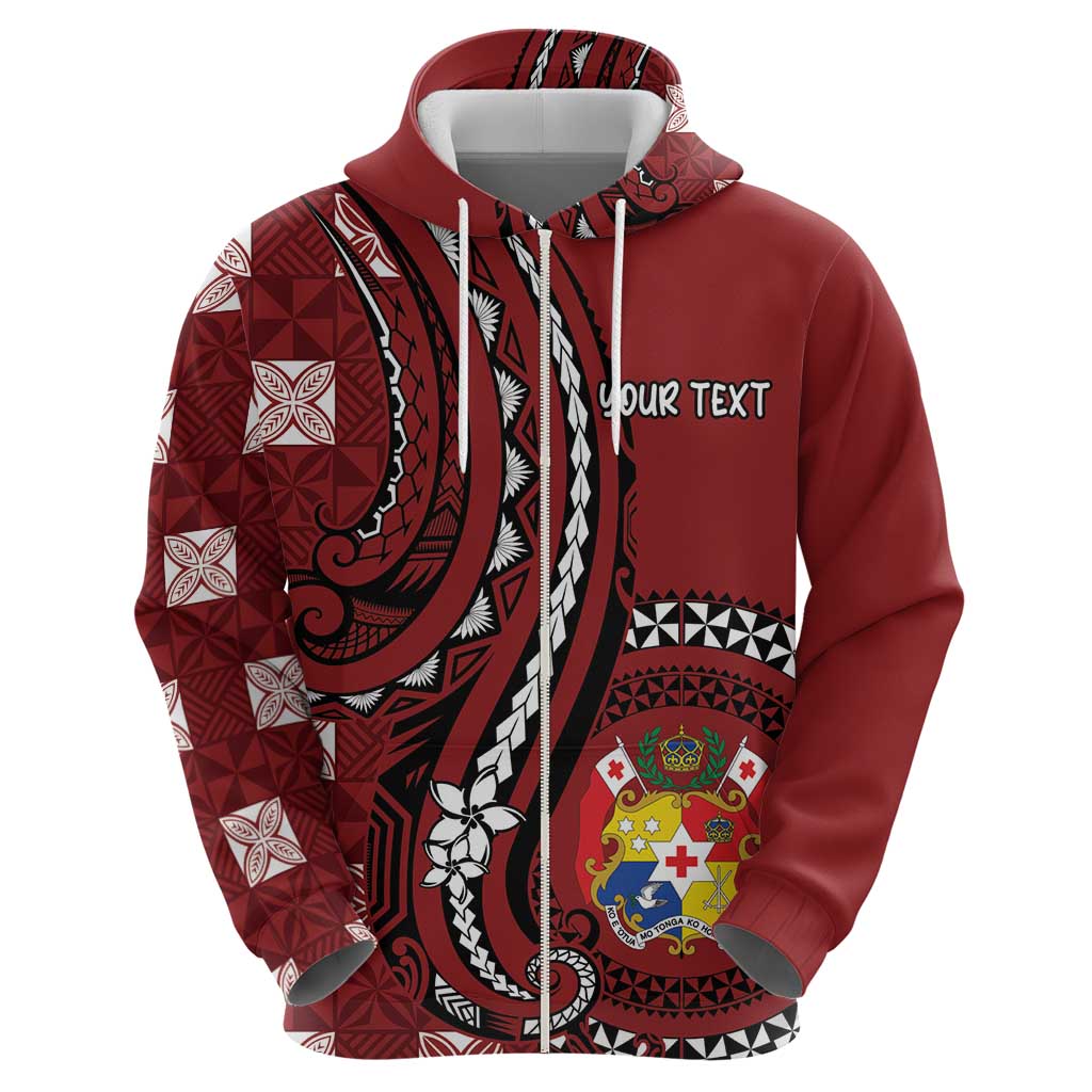 Personalized Tonga Ngatu Zip Hoodie Iconic Red Manulua Motifs