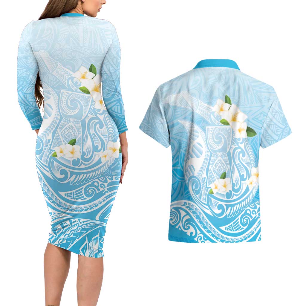 Guam Fishhook Mix Guasali Flowers Couples Matching Long Sleeve Bodycon Dress and Hawaiian Shirt Dreaming Turquoise