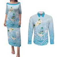 Guam Fishhook Mix Guasali Flowers Couples Matching Puletasi and Long Sleeve Button Shirt Dreaming Turquoise
