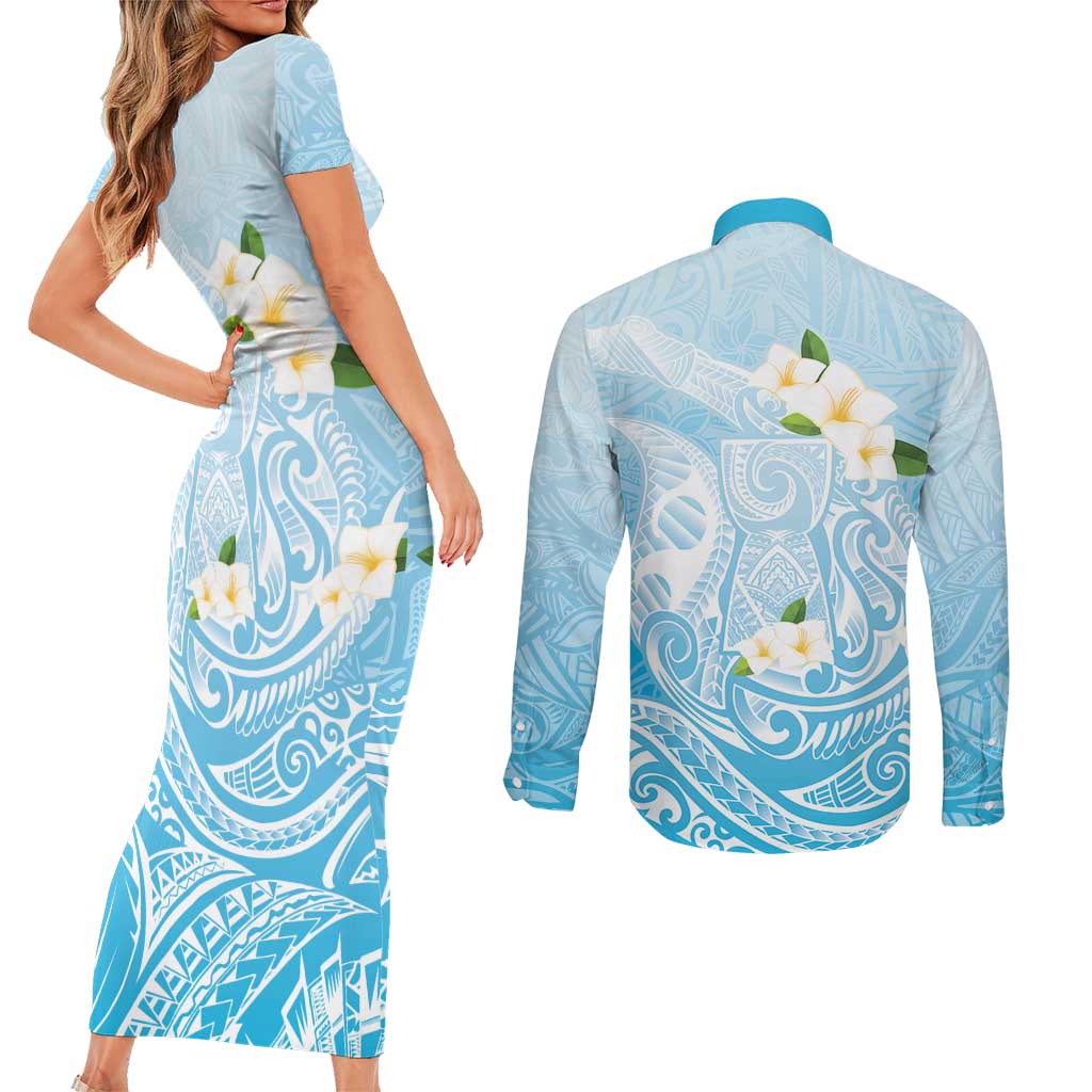 Guam Fishhook Mix Guasali Flowers Couples Matching Short Sleeve Bodycon Dress and Long Sleeve Button Shirt Dreaming Turquoise