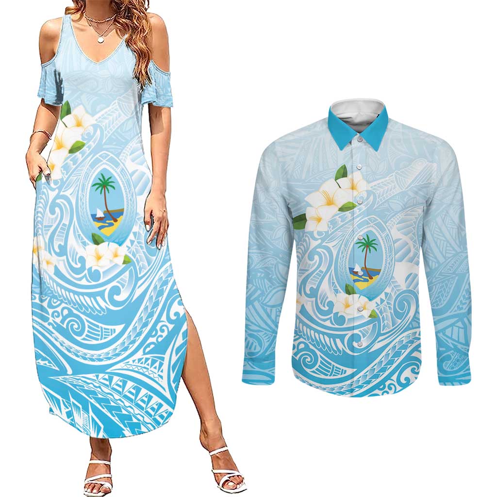 Guam Fishhook Mix Guasali Flowers Couples Matching Summer Maxi Dress and Long Sleeve Button Shirt Dreaming Turquoise