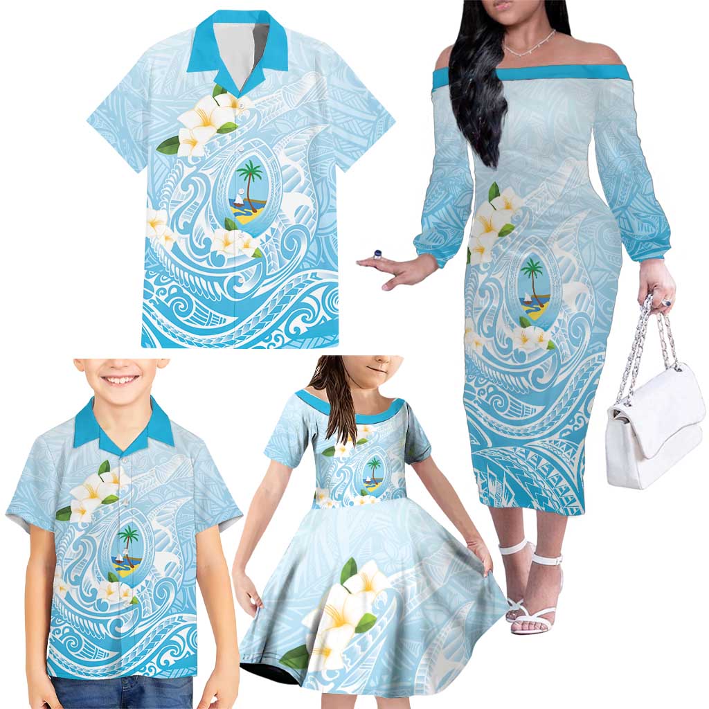 Guam Fishhook Mix Guasali Flowers Family Matching Off The Shoulder Long Sleeve Dress and Hawaiian Shirt Dreaming Turquoise