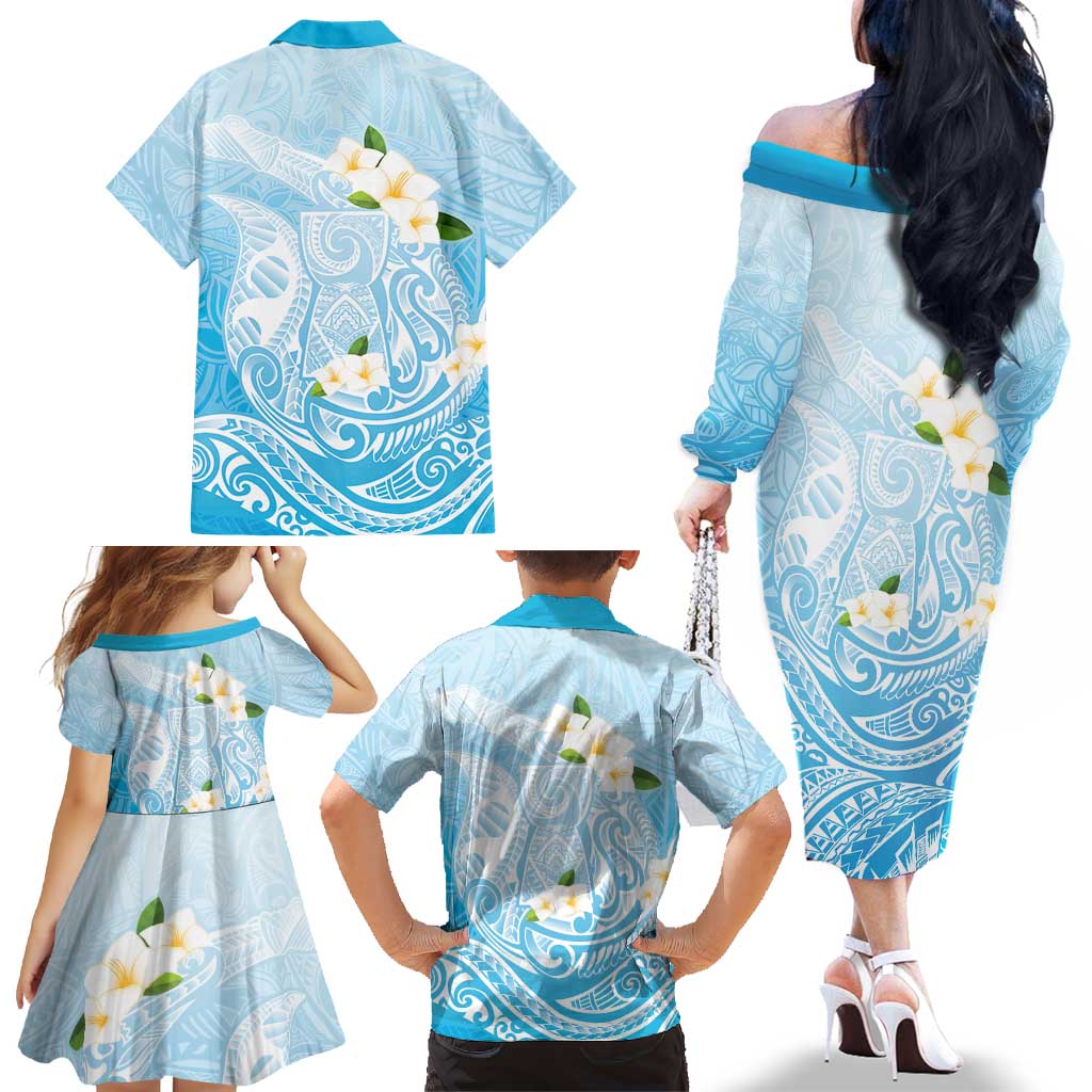 Guam Fishhook Mix Guasali Flowers Family Matching Off The Shoulder Long Sleeve Dress and Hawaiian Shirt Dreaming Turquoise LT7 - Polynesian Pride