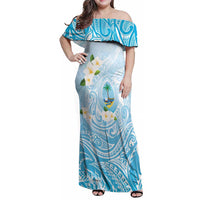 Guam Fishhook Mix Guasali Flowers Family Matching Off Shoulder Maxi Dress and Hawaiian Shirt Dreaming Turquoise LT7 Mom's Dress Turquoise - Polynesian Pride