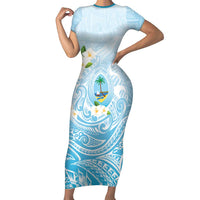 Guam Fishhook Mix Guasali Flowers Family Matching Short Sleeve Bodycon Dress and Hawaiian Shirt Dreaming Turquoise LT7 Mom's Dress Turquoise - Polynesian Pride