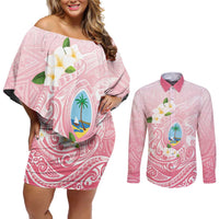 Guam Fishhook Mix Guasali Flowers Couples Matching Off Shoulder Short Dress and Long Sleeve Button Shirt Dreaming Coral