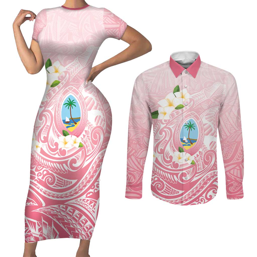 Guam Fishhook Mix Guasali Flowers Couples Matching Short Sleeve Bodycon Dress and Long Sleeve Button Shirt Dreaming Coral