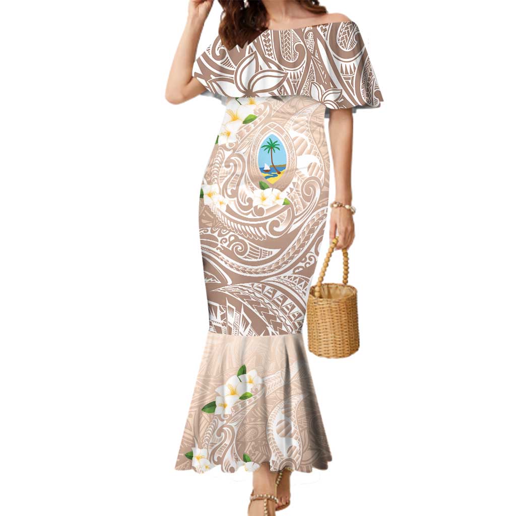 Guam Fishhook Mix Guasali Flowers Family Matching Mermaid Dress and Hawaiian Shirt Dreaming Hazel LT7 Mom's Dress Beige - Polynesian Pride