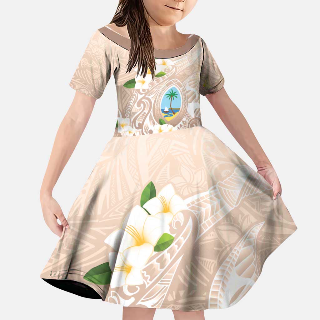 Guam Fishhook Mix Guasali Flowers Family Matching Off The Shoulder Long Sleeve Dress and Hawaiian Shirt Dreaming Hazel LT7 Daughter's Dress Beige - Polynesian Pride
