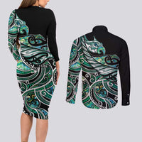 Maori Matariki - Manaia Couples Matching Long Sleeve Bodycon Dress and Long Sleeve Button Shirt Emerald Paua Shell