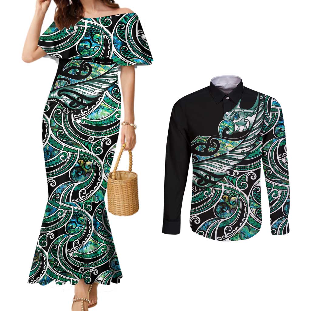 Maori Matariki - Manaia Couples Matching Mermaid Dress and Long Sleeve Button Shirt Emerald Paua Shell